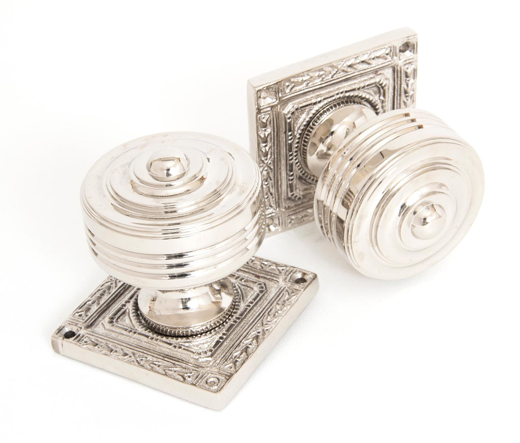 White background image of From The Anvil's Polished Nickel Tewkesbury Square Mortice Knob Set | From The Anvil