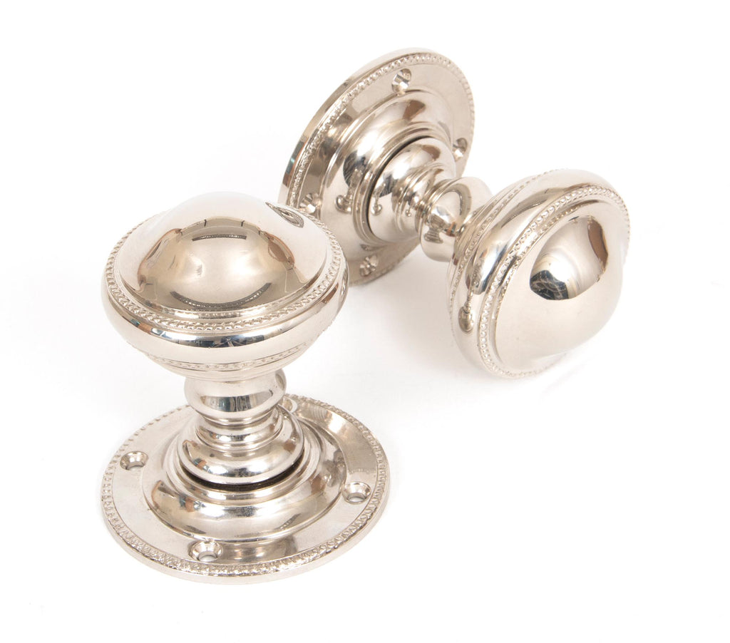 White background image of From The Anvil's Polished Nickel Brockworth Mortice Knob Set | From The Anvil