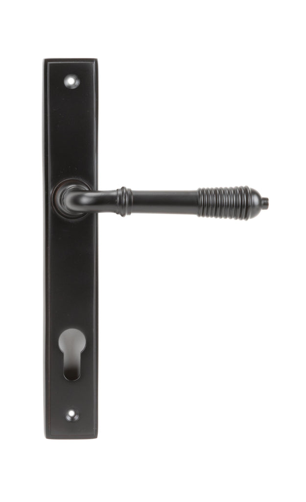 White background image of From The Anvil's Aged Bronze Reeded Slimline Lever Espag. Lock Set | From The Anvil