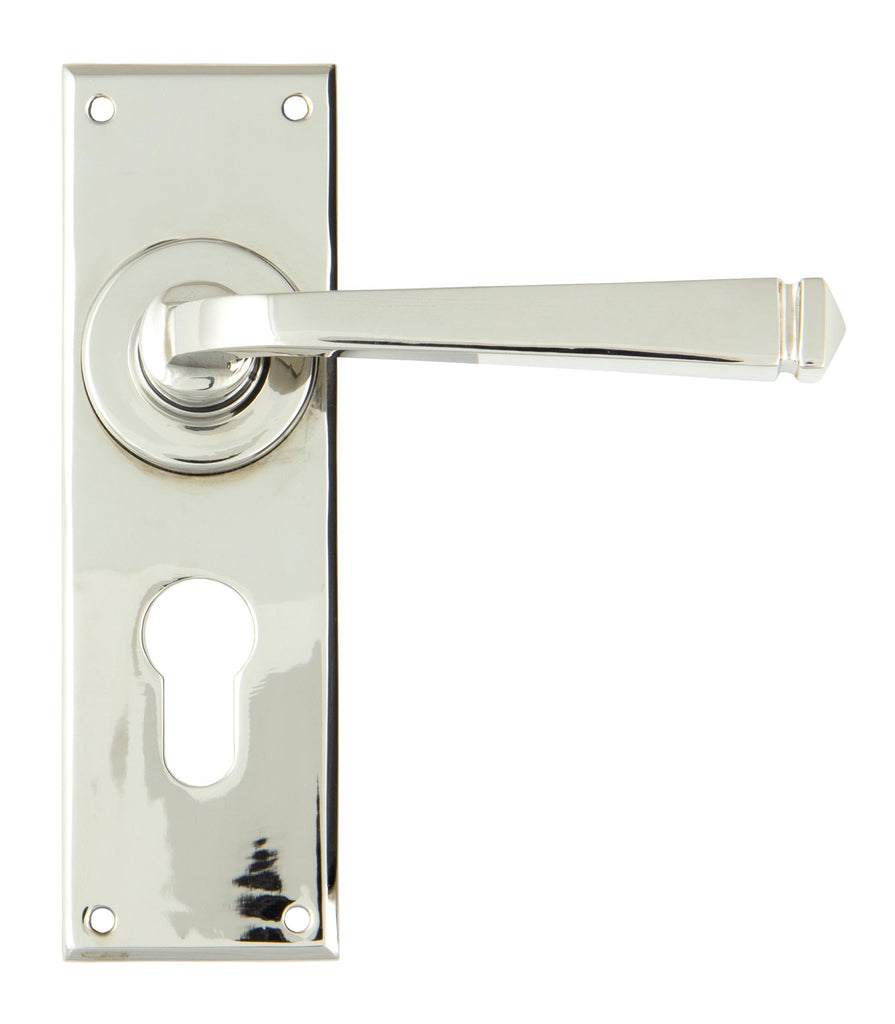 White background image of From The Anvil's Polished Nickel Avon Lever Euro Lock Set | From The Anvil