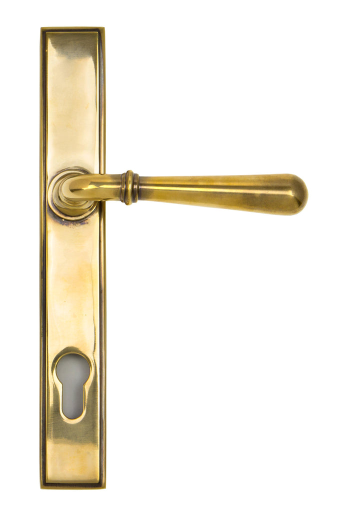 White background image of From The Anvil's Aged Brass Newbury Slimline Lever Espag. Lock Set | From The Anvil