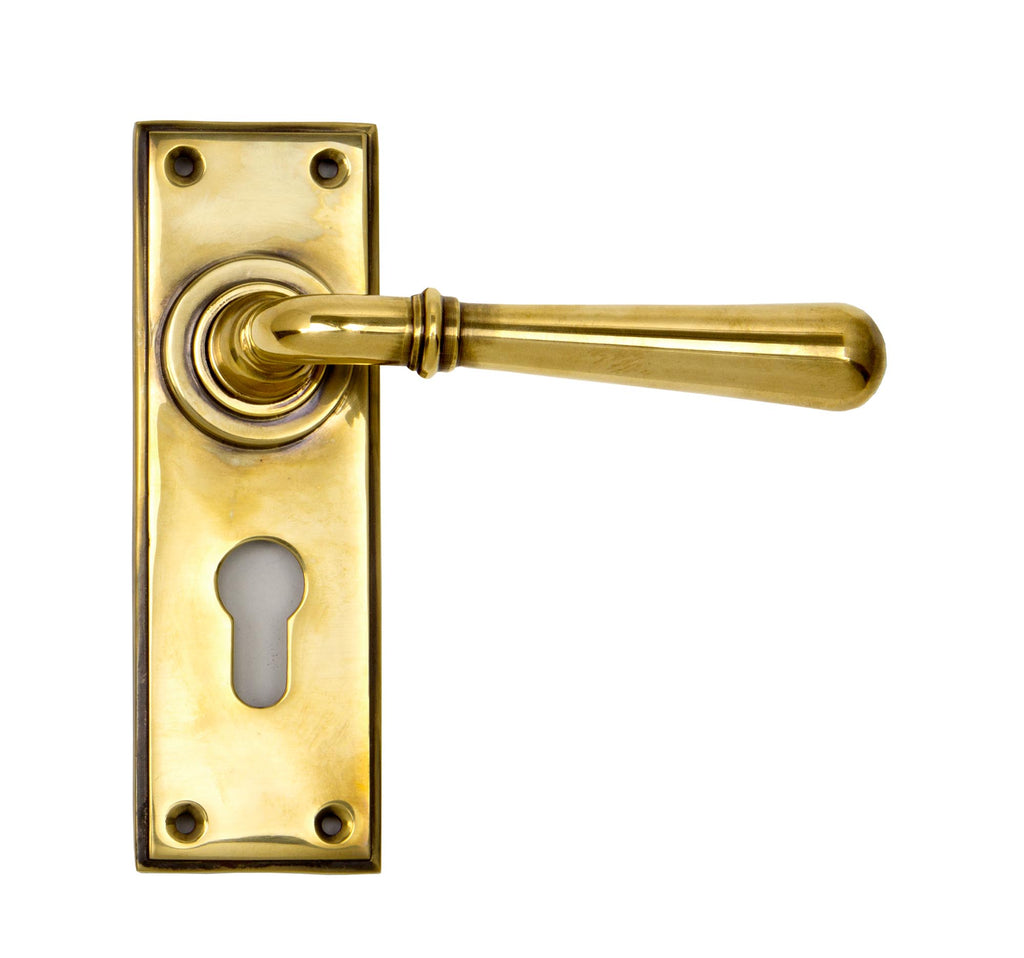 White background image of From The Anvil's Aged Brass Newbury Lever Euro Lock Set | From The Anvil