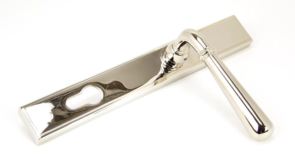 White background image of From The Anvil's Polished Nickel Newbury Slimline Lever Espag. Lock Set | From The Anvil