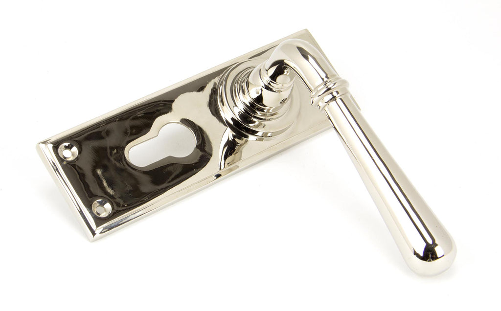 White background image of From The Anvil's Polished Nickel Newbury Lever Euro Lock Set | From The Anvil