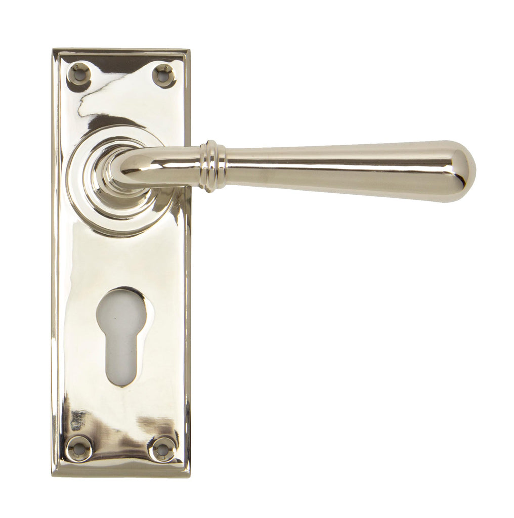 White background image of From The Anvil's Polished Nickel Newbury Lever Euro Lock Set | From The Anvil