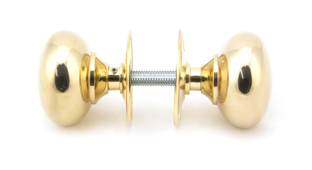 White background image of From The Anvil's Polished Brass 57mm Mushroom Mortice/Rim Knob Set | From The Anvil