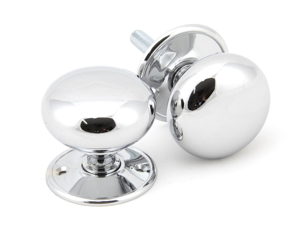 White background image of From The Anvil's Polished Chrome 57mm Mushroom Mortice/Rim Knob Set | From The Anvil