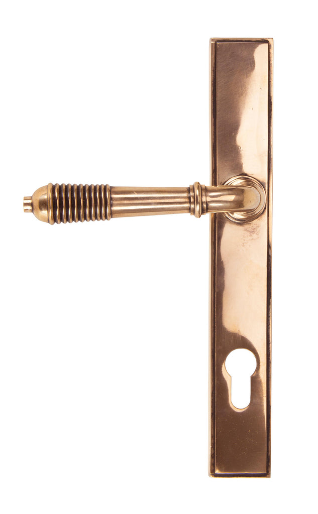 White background image of From The Anvil's Polished Bronze Reeded Slimline Lever Espag. Lock Set | From The Anvil