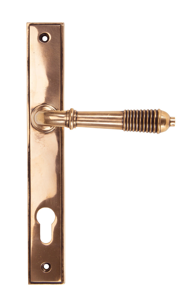 White background image of From The Anvil's Polished Bronze Reeded Slimline Lever Espag. Lock Set | From The Anvil