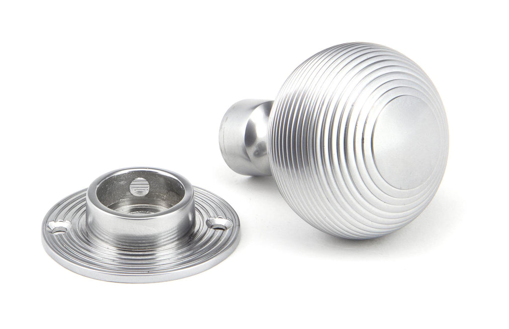 White background image of From The Anvil's Satin Chrome Heavy Beehive Mortice/Rim Knob Set | From The Anvil