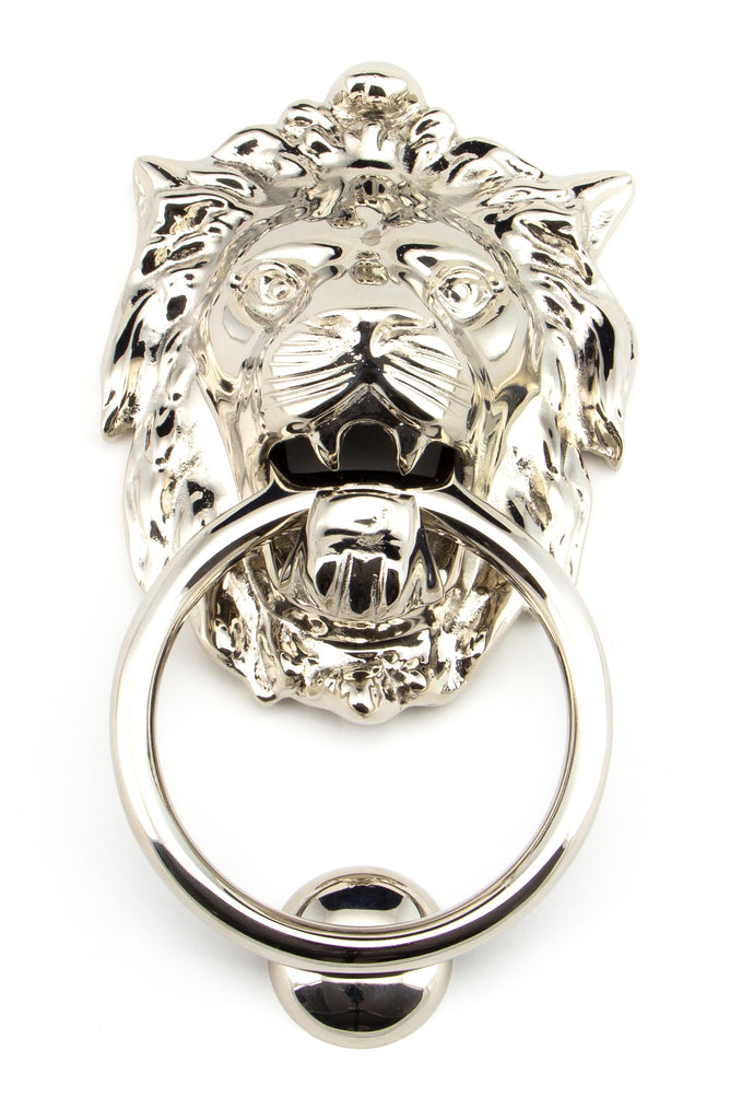 White background image of From The Anvil's Polished Nickel Lion's Head Door Knocker | From The Anvil
