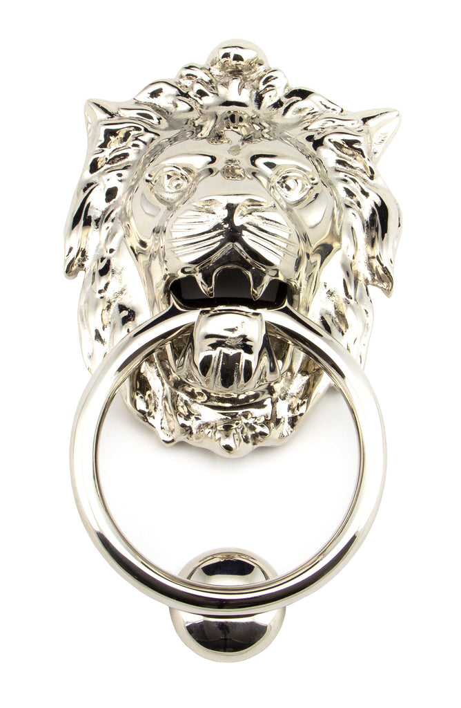 White background image of From The Anvil's Polished Nickel Lion's Head Door Knocker | From The Anvil