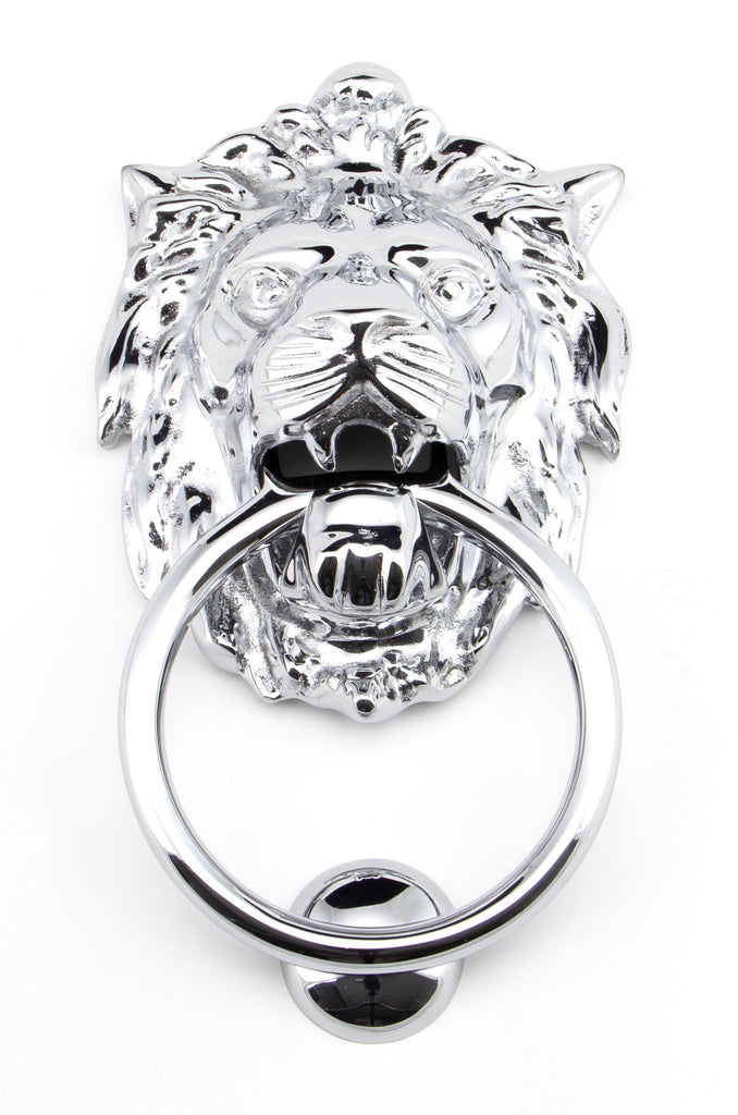 White background image of From The Anvil's Polished Chrome Lion's Head Door Knocker | From The Anvil
