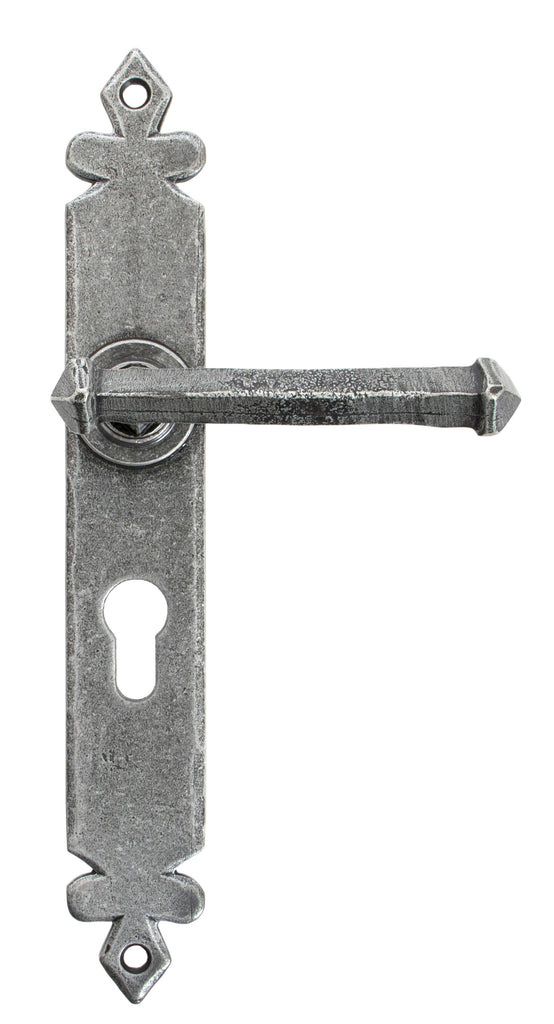 White background image of From The Anvil's Pewter Patina Tudor Lever Euro Lock Set | From The Anvil