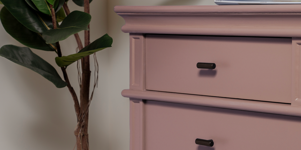 Pink drawers with From The Anvil Aged Bronze T Bar pull handles