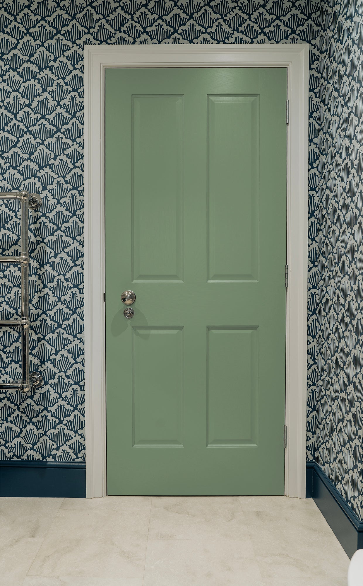Hand Painted Oak 4 Panel Door in Farrow and Ball's Card Room Green