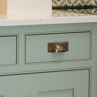 Close-up of a kitchen cabinet with green doors and brass handles, featuring a black oven in the background.