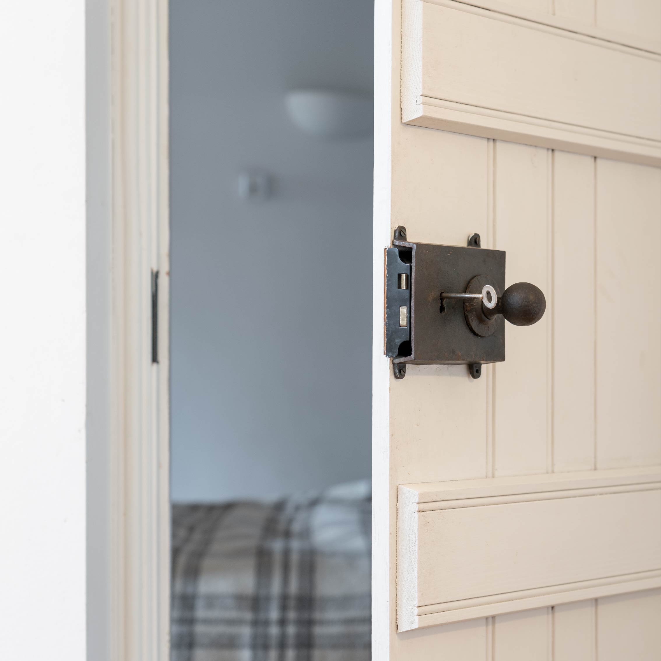 From The Anvil's Beeswax rim lock on a white ledge and brace door